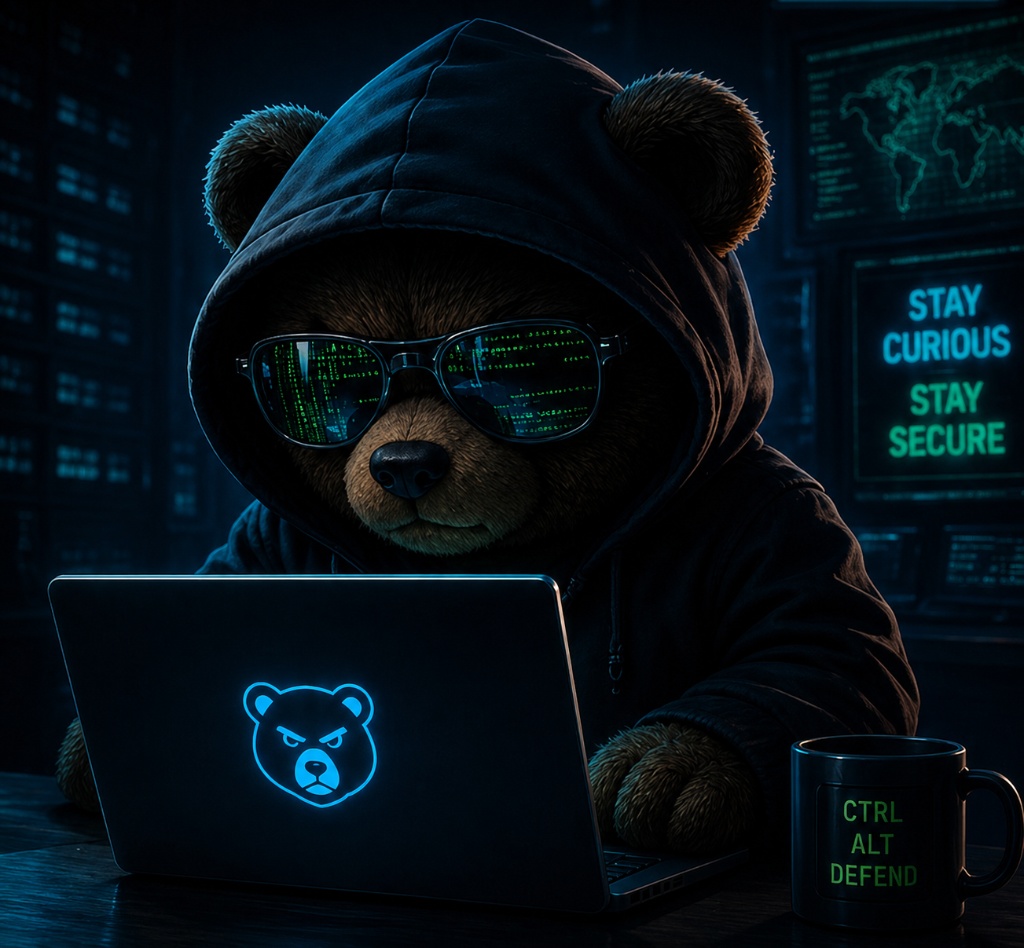 Dark hacker teddy bear mascot at a laptop
